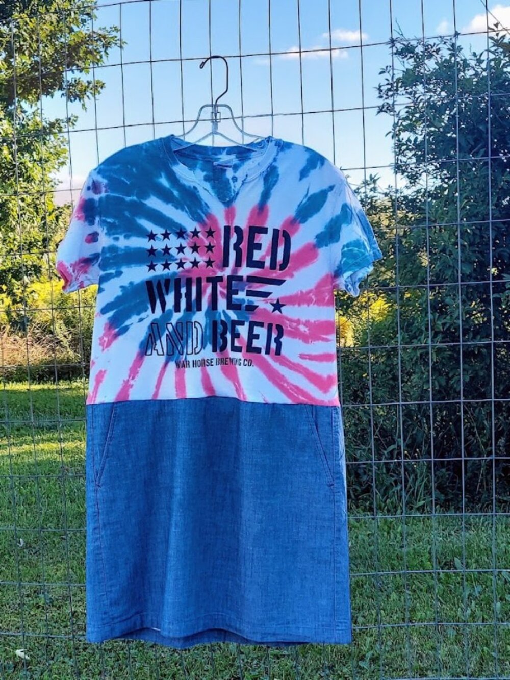 Upcycled Red White and Beer Tie Dyed Tee Dress M
